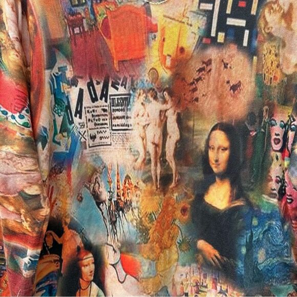 MADE IN ITALY Top Women 8 Artsy Art To Wear Avant Garde All Over Print Mona Lisa - Picture 5 of 9